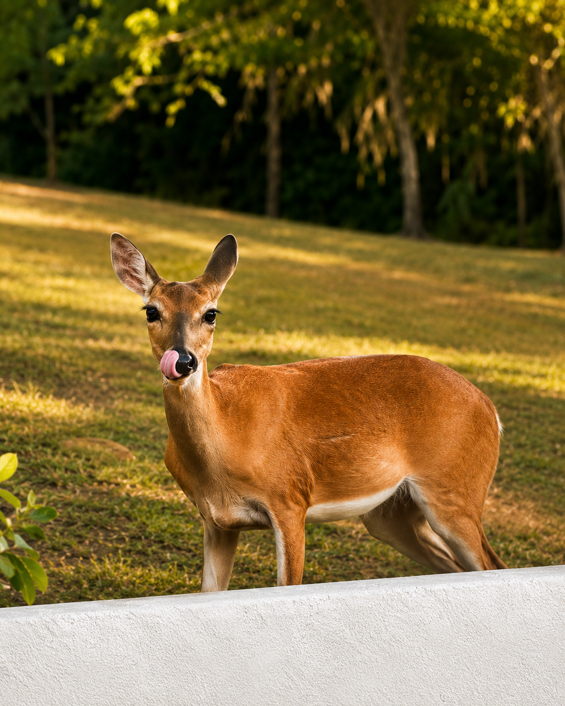 A wild deer standing in the sunlit grass beside the property in Culebra