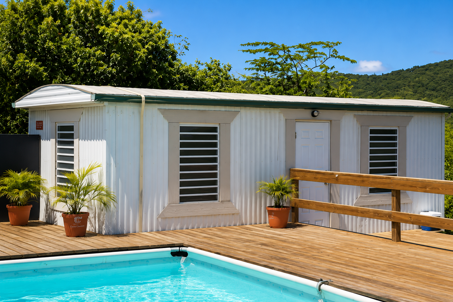 Exterior of the Turkey Apartment with wooden pool deck and swimming pool