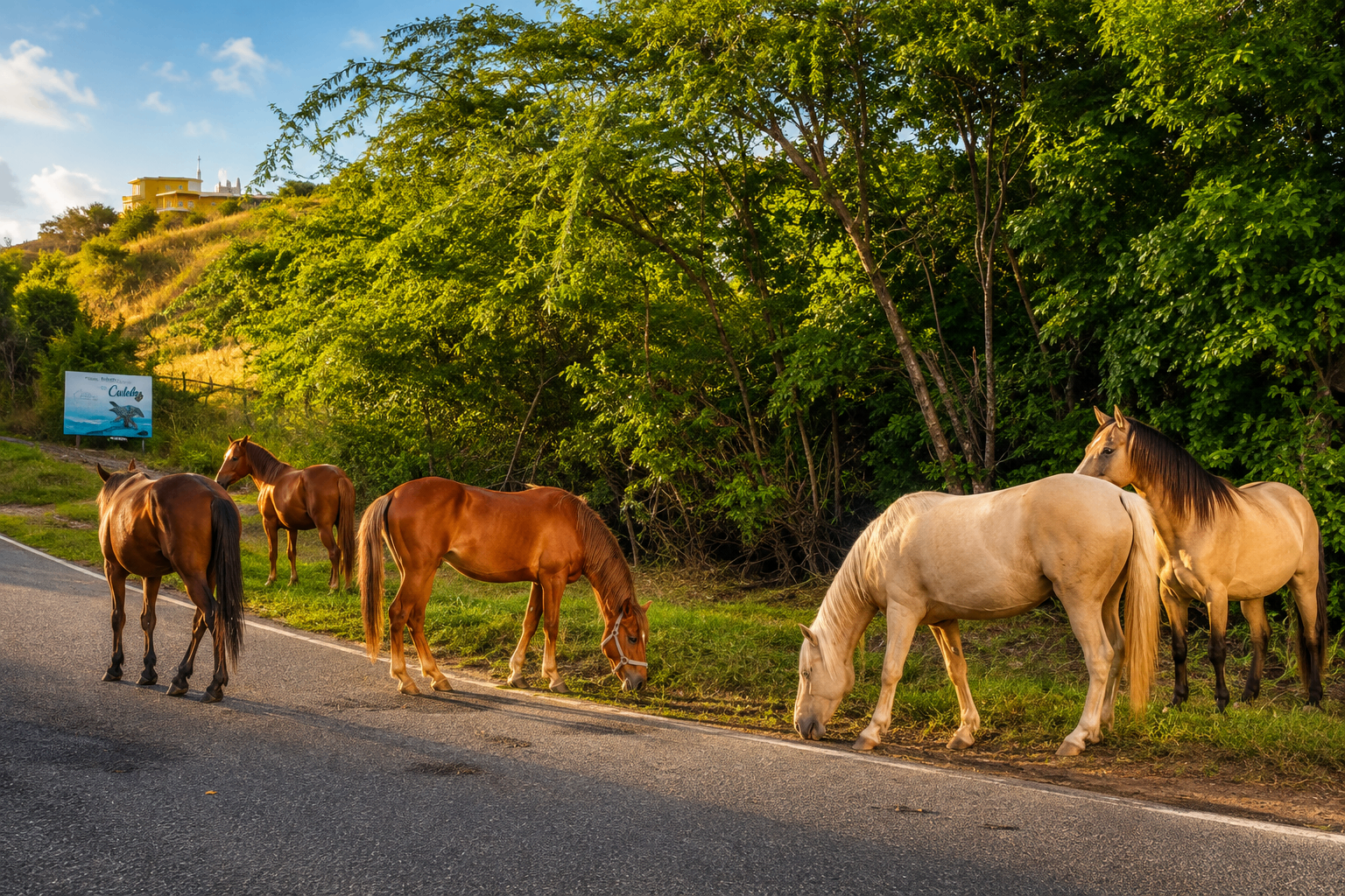 Free-roaming horses grazing along a quiet Culebra roadside at golden hour