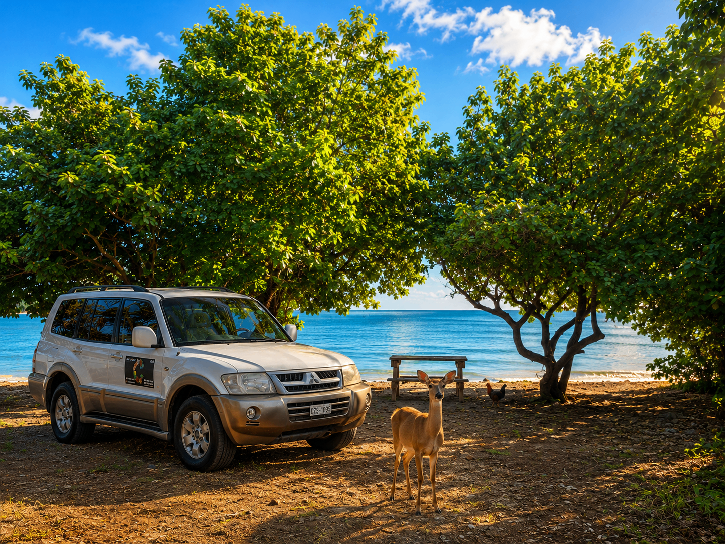 Silver 2004 Mitsubishi Montero Limited with the Casa Carmen logo parked under shade trees by the sea, with a Culebra deer nearby