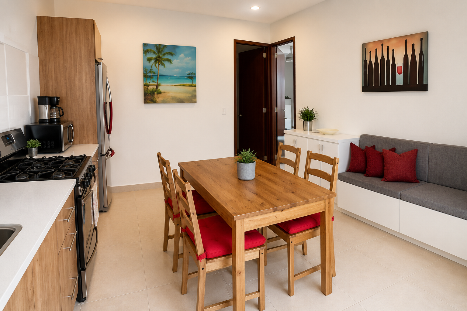 Bright open-concept living and kitchen area with wooden dining table and bench seating