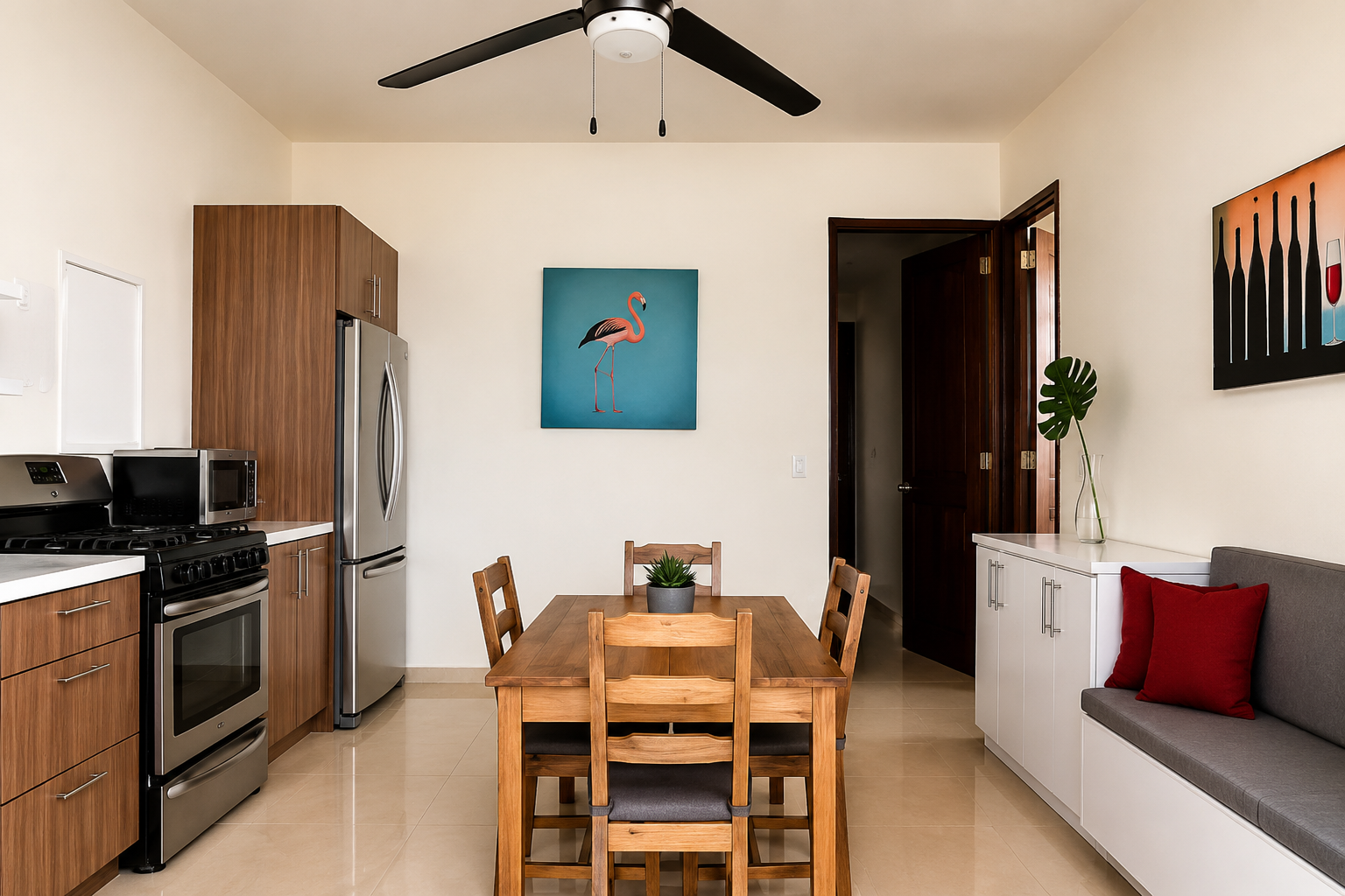 Apartment kitchen and dining area with wooden cabinetry