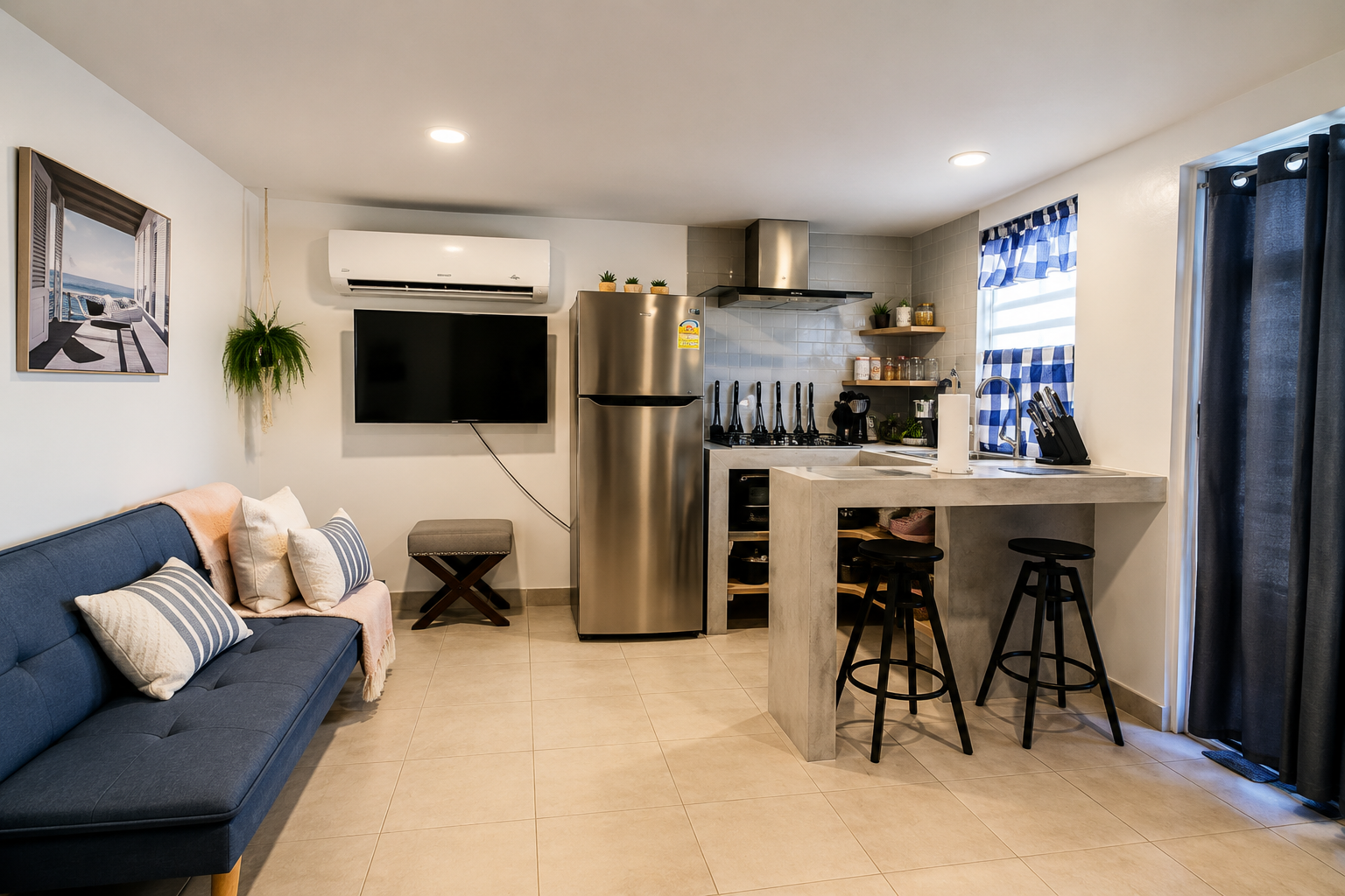 Cozy Rota living space with a blue sofa, kitchen bar and stools