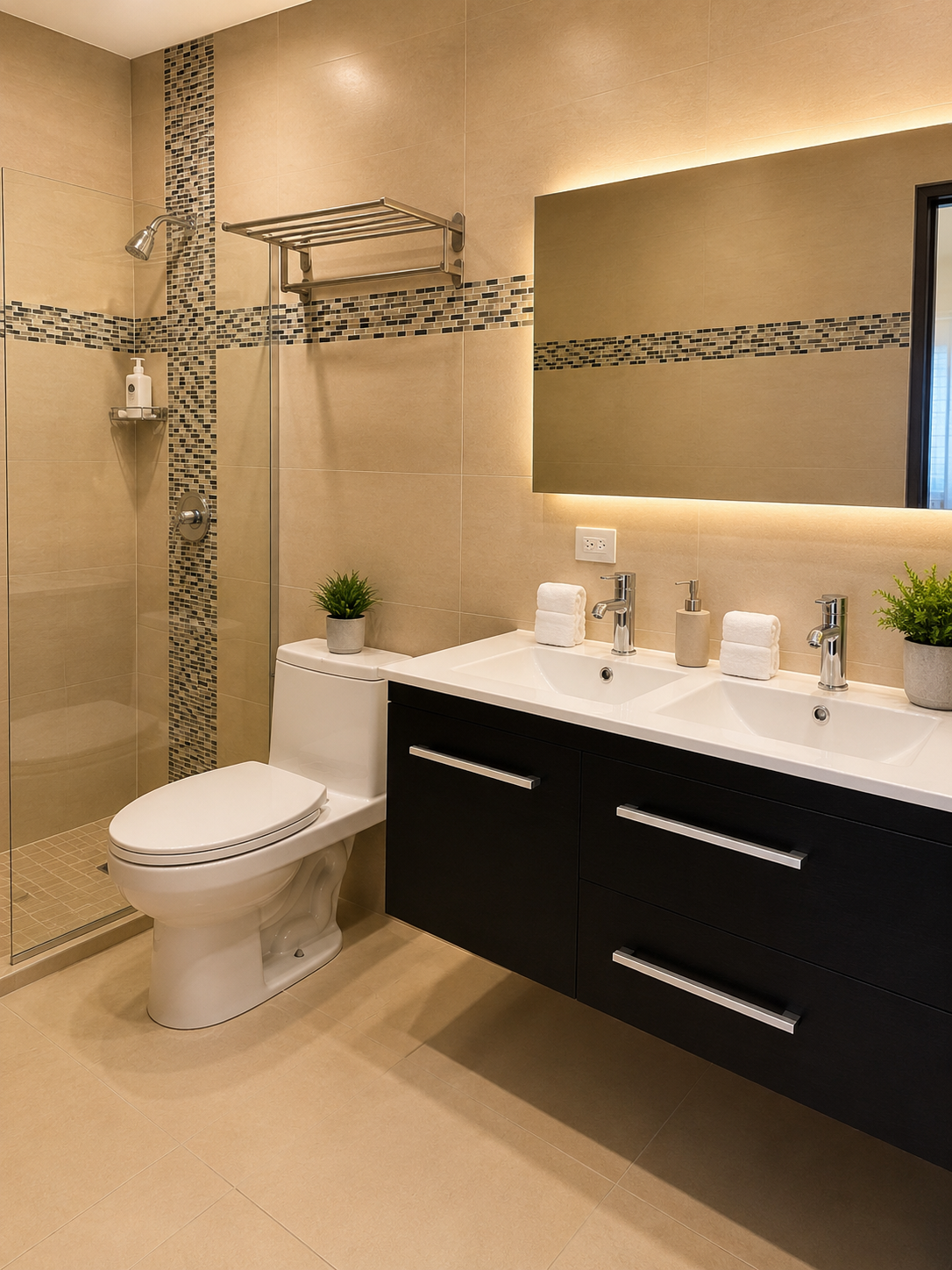 Full bathroom with walk-in glass shower, double vanity and backlit mirror