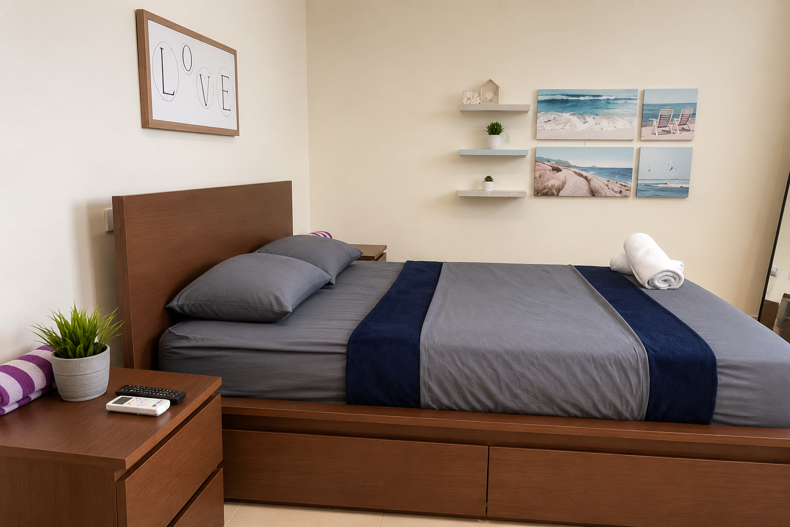 Master bedroom with a queen bed, wooden headboard and coastal beach artwork