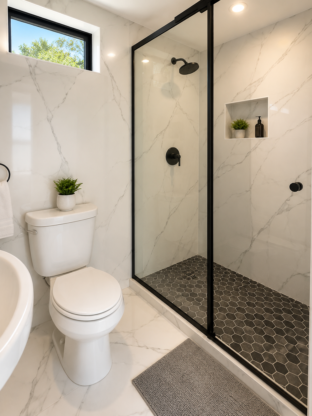 Full private bathroom with walk-in glass shower and marble-look tile