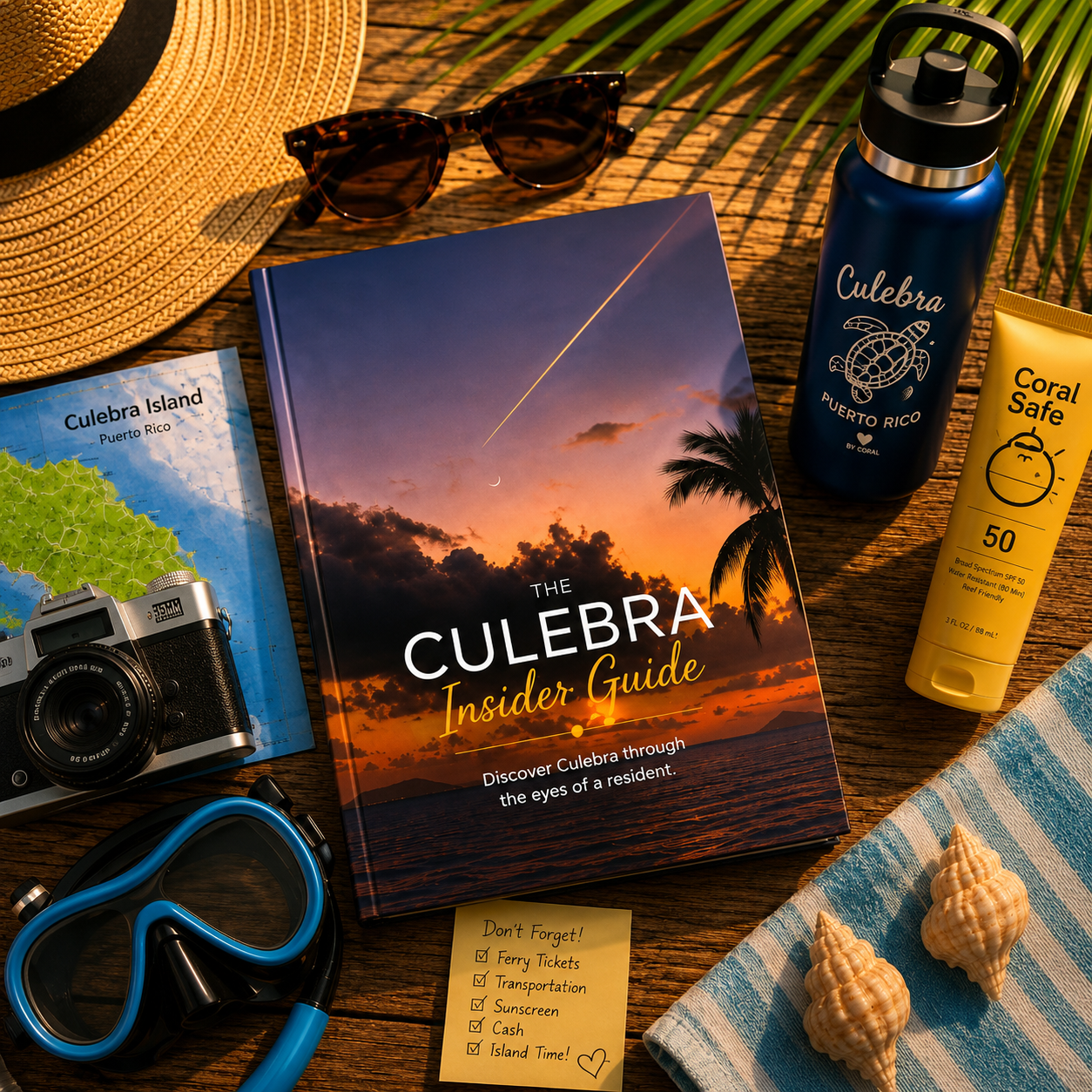 The Culebra Insider Guide book flat lay with a straw hat, sunglasses, camera, snorkel mask, water bottle, reef-safe sunscreen and seashells on a wooden surface