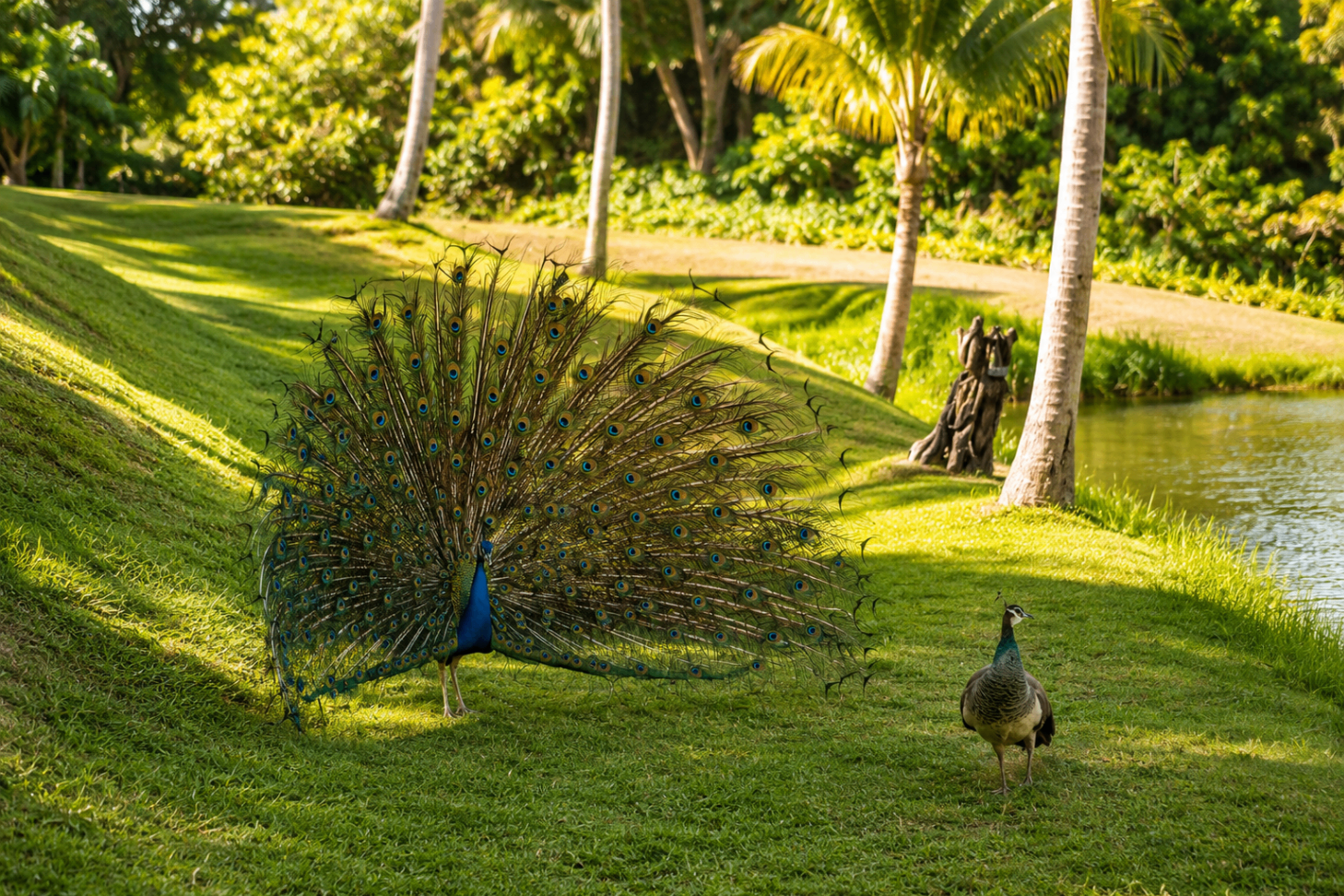 A peacock displaying its feathers on a green lawn framed by palm trees