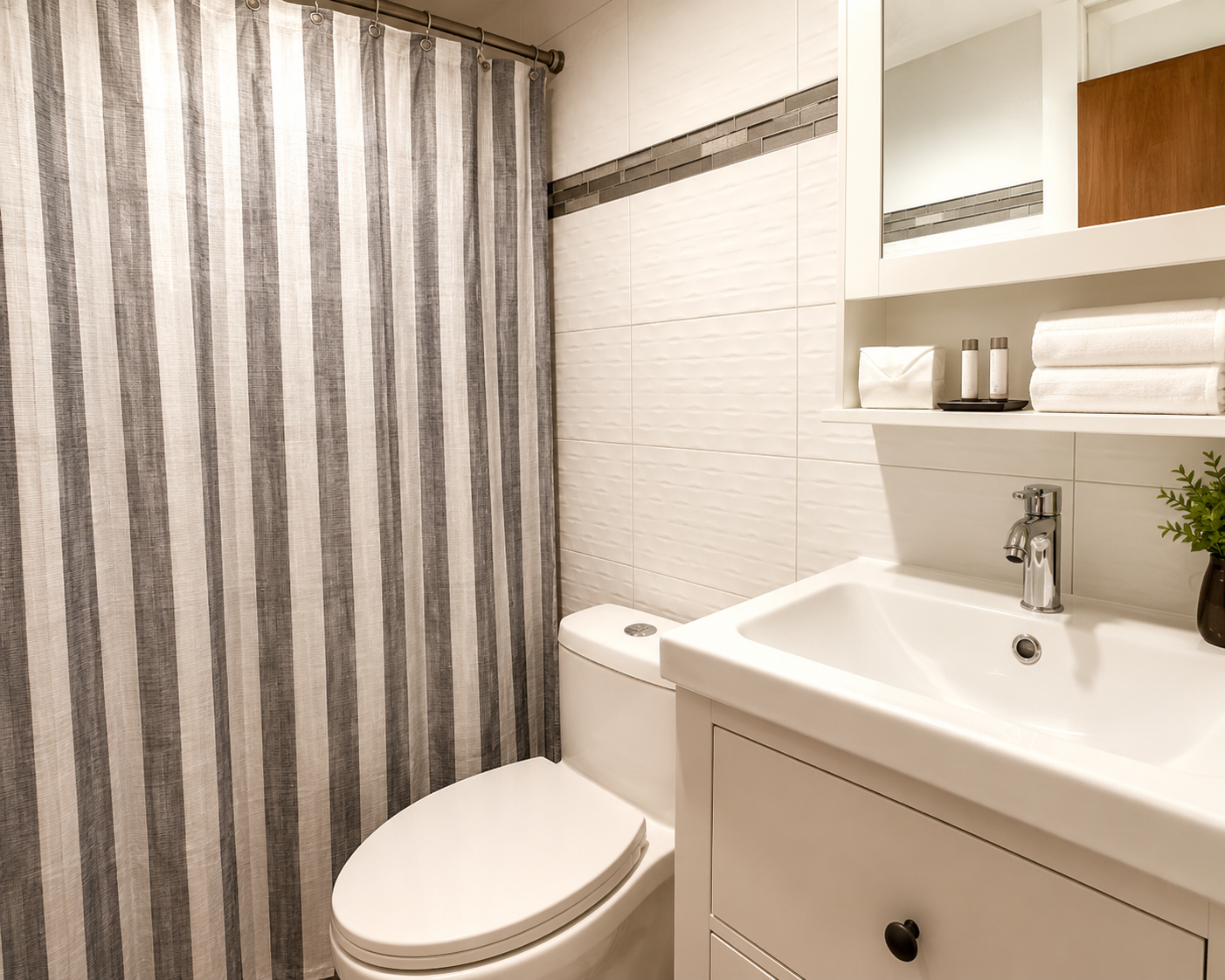 Bathroom with a striped shower curtain, white vanity, mirror and fresh folded towels