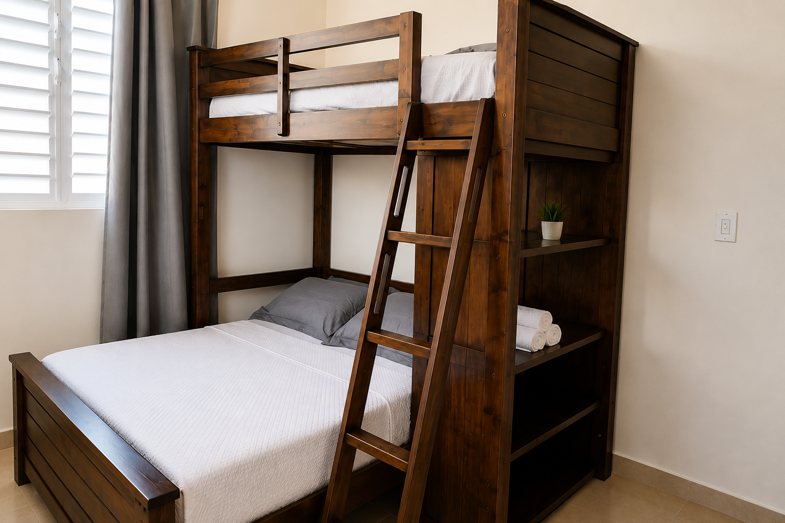 Second bedroom with a wooden bunk bed, double bed below and built-in shelving