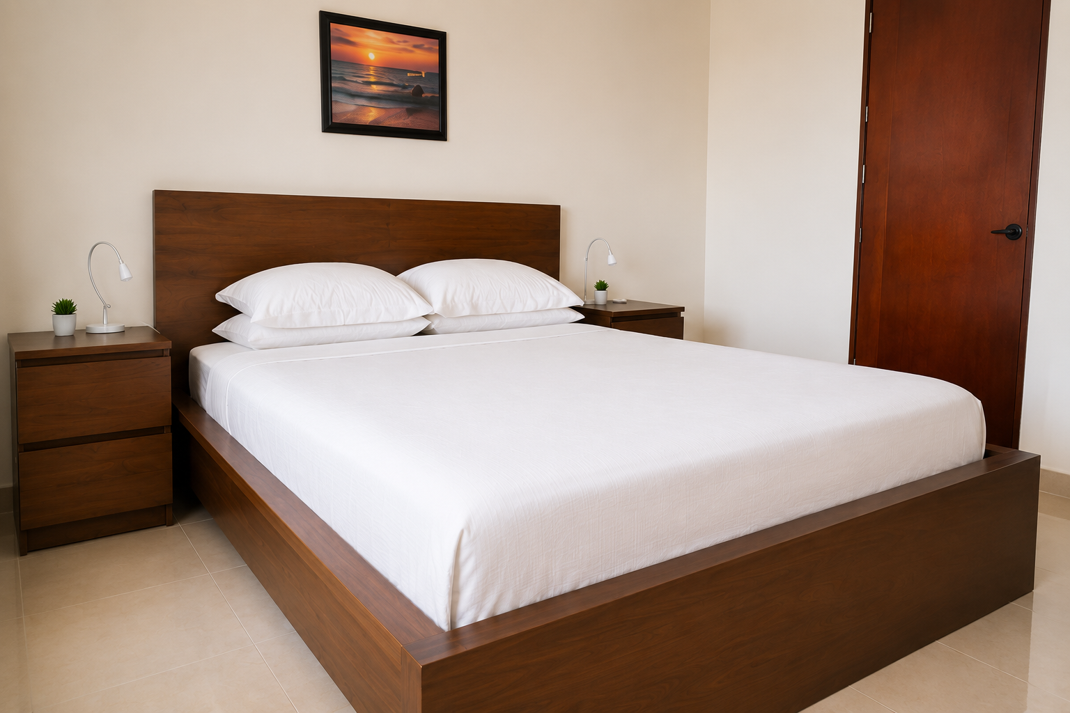 Master bedroom with a queen bed, dark wood headboard, nightstands and reading lamps