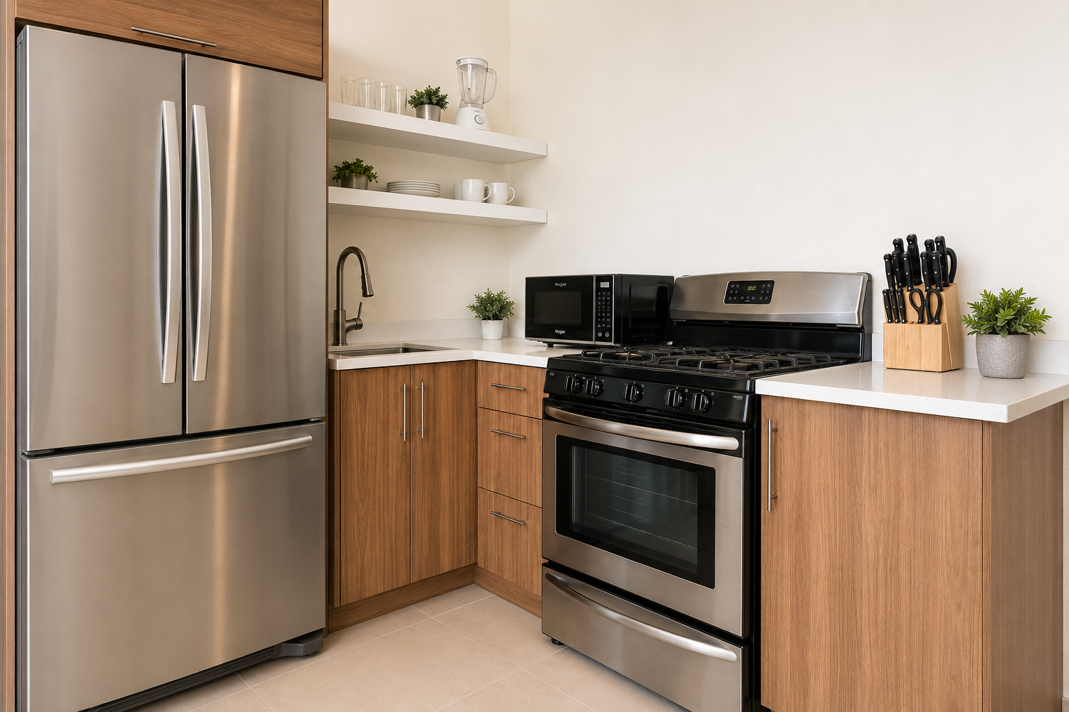 Full kitchen with stainless steel refrigerator, gas range, wood cabinetry and open shelving