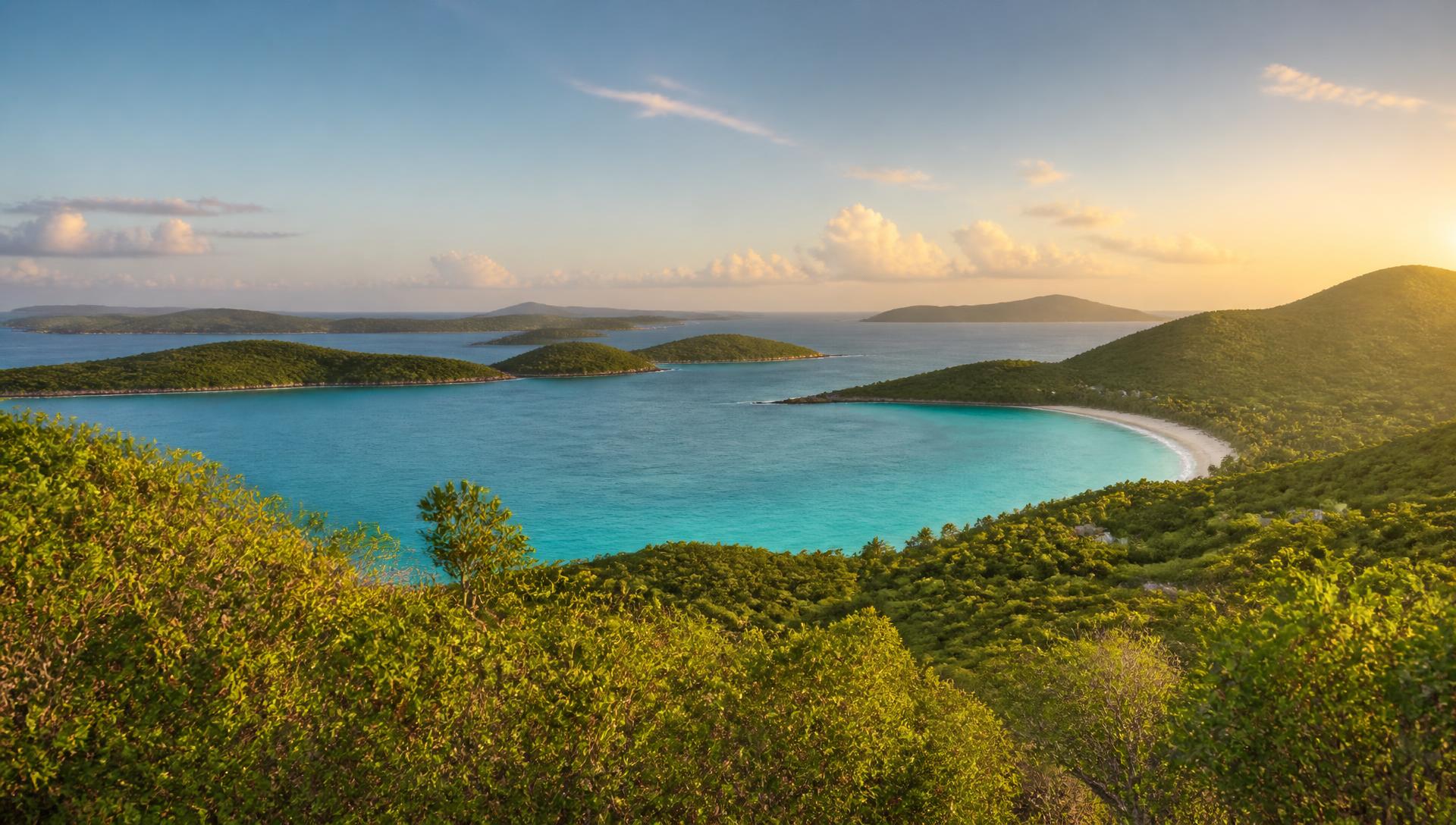 Panoramic view over Culebra bays at golden hour